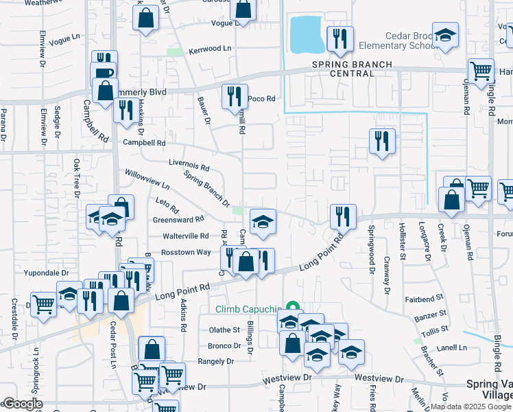 map of restaurants, bars, coffee shops, grocery stores, and more near 56/70 Spring Branch Drive in Houston