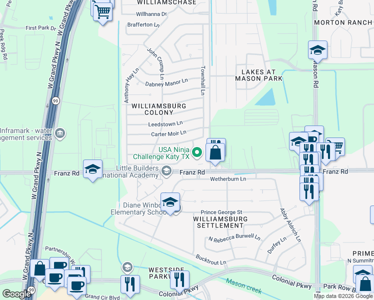 map of restaurants, bars, coffee shops, grocery stores, and more near 22522 Market Square Lane in Katy