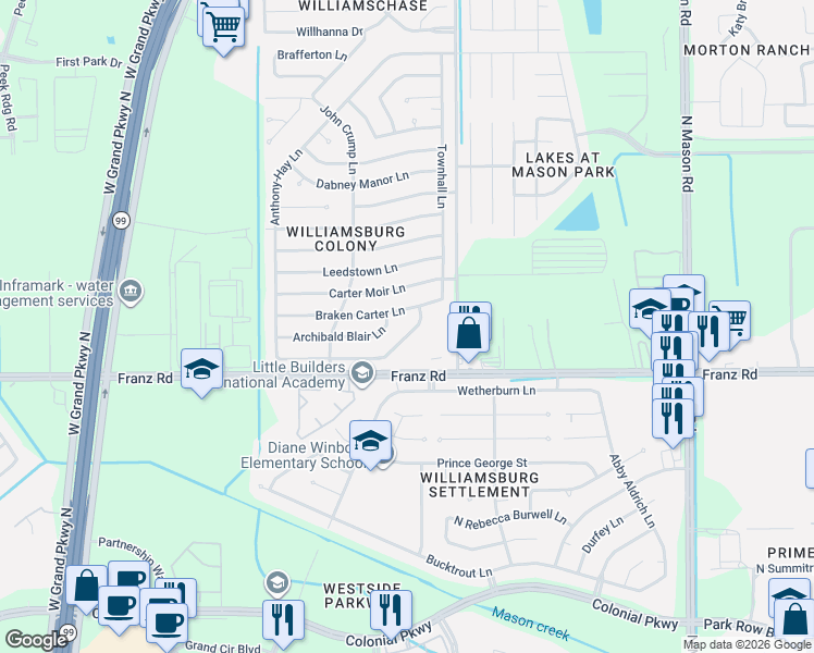 map of restaurants, bars, coffee shops, grocery stores, and more near 22522 Market Square Lane in Katy