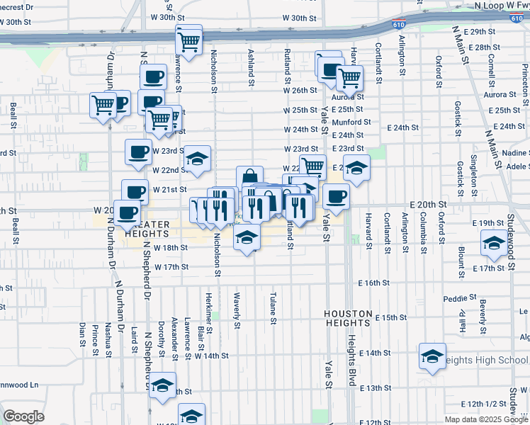 map of restaurants, bars, coffee shops, grocery stores, and more near 332 West 20th Street in Houston