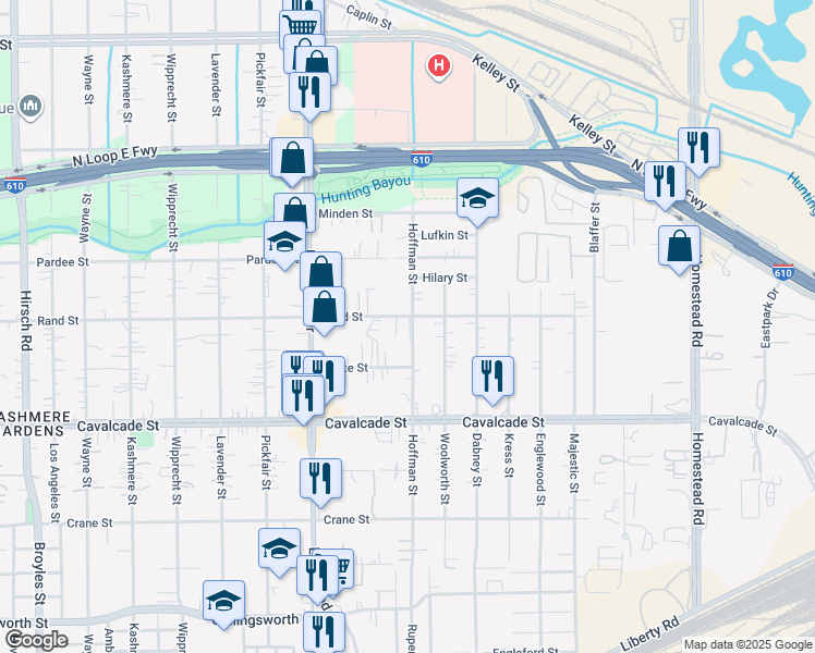 map of restaurants, bars, coffee shops, grocery stores, and more near 4709 Hoffman Street in Houston