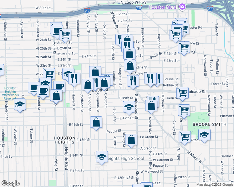 map of restaurants, bars, coffee shops, grocery stores, and more near 1911 Bradshaw Street in Houston