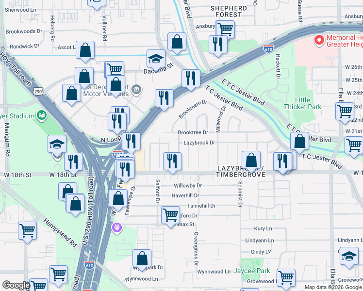 map of restaurants, bars, coffee shops, grocery stores, and more near 2422 Lazybrook Drive in Houston