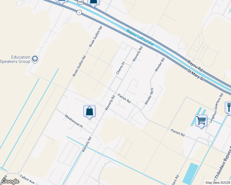 map of restaurants, bars, coffee shops, grocery stores, and more near 287 Waverly Rd in Thibodaux