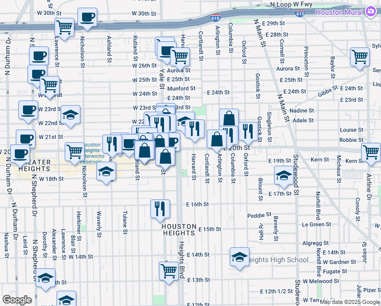 map of restaurants, bars, coffee shops, grocery stores, and more near in Houston