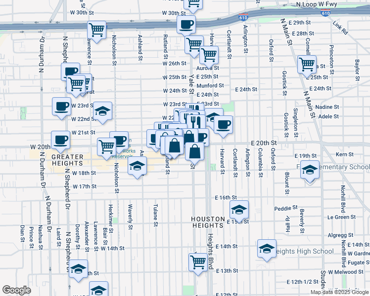 map of restaurants, bars, coffee shops, grocery stores, and more near 200 West 20th Street in Houston