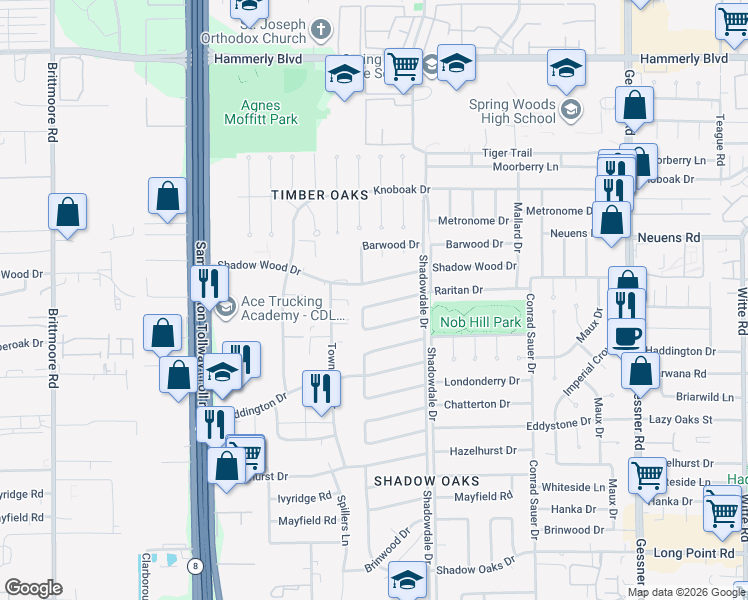 map of restaurants, bars, coffee shops, grocery stores, and more near 10514 Raritan Drive in Houston