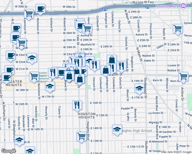 map of restaurants, bars, coffee shops, grocery stores, and more near 1846 Harvard Street in Houston