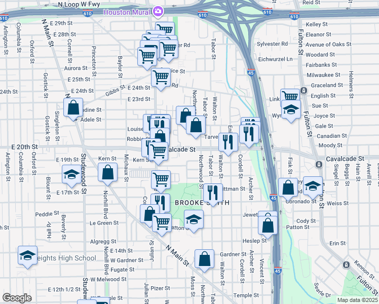 map of restaurants, bars, coffee shops, grocery stores, and more near 611 West Cavalcade Street in Houston