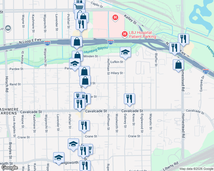 map of restaurants, bars, coffee shops, grocery stores, and more near 4713 Hoffman Street in Houston