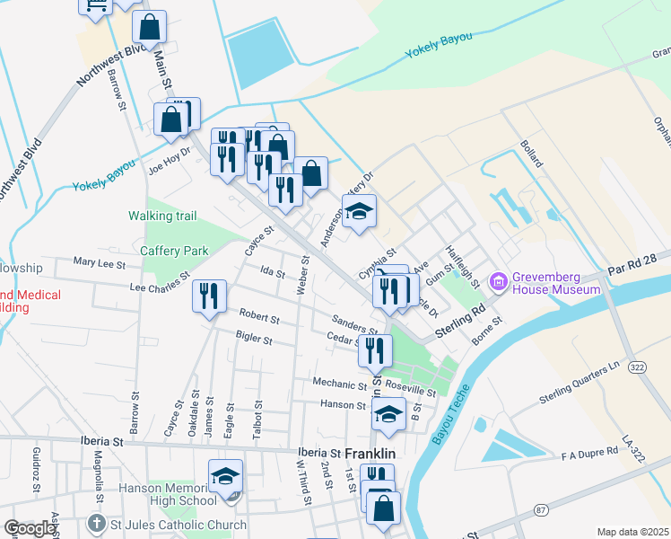 map of restaurants, bars, coffee shops, grocery stores, and more near 1587 Main Street in Franklin