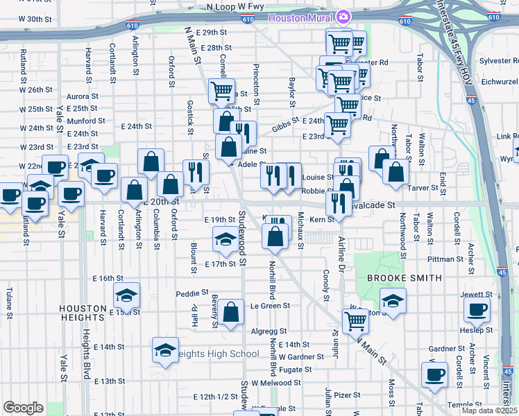 map of restaurants, bars, coffee shops, grocery stores, and more near 1112 Kern Street in Houston