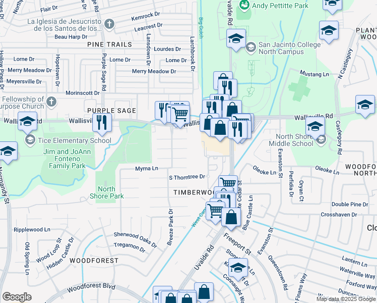 map of restaurants, bars, coffee shops, grocery stores, and more near 13431 North Thorntree Drive in Houston