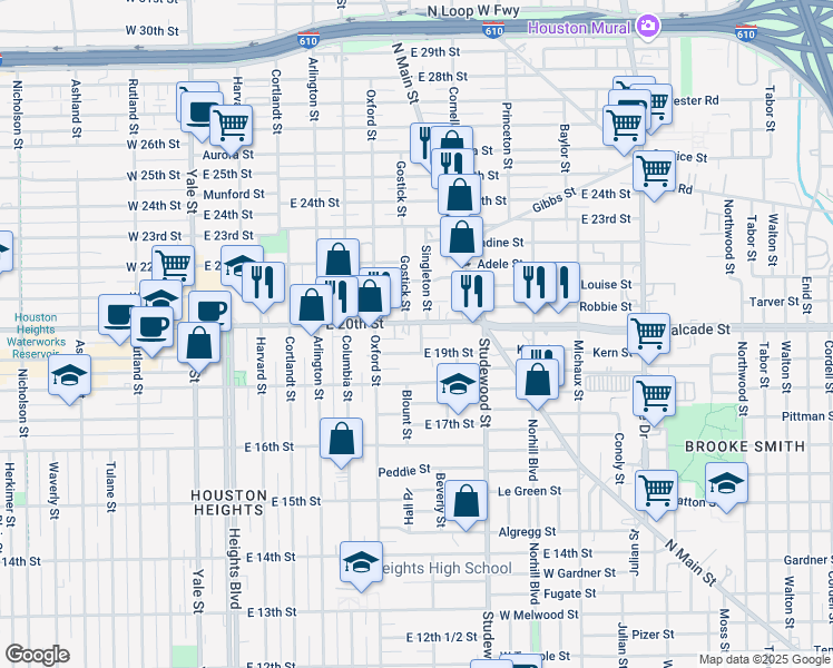 map of restaurants, bars, coffee shops, grocery stores, and more near 1905 Bradshaw Street in Houston