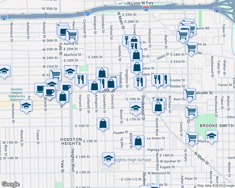 map of restaurants, bars, coffee shops, grocery stores, and more near 1905 Bradshaw Street in Houston
