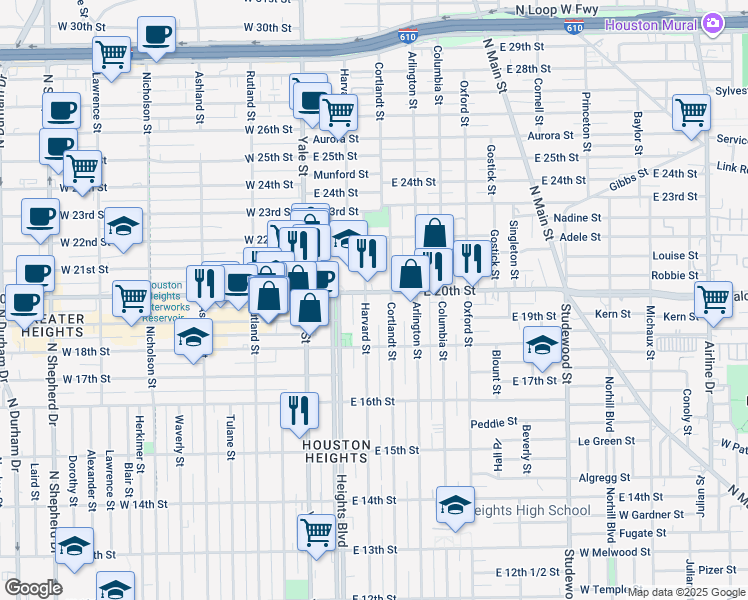 map of restaurants, bars, coffee shops, grocery stores, and more near in Houston
