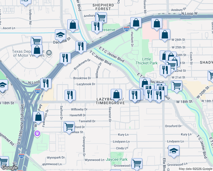 map of restaurants, bars, coffee shops, grocery stores, and more near 1838 Widdicomb Court in Houston