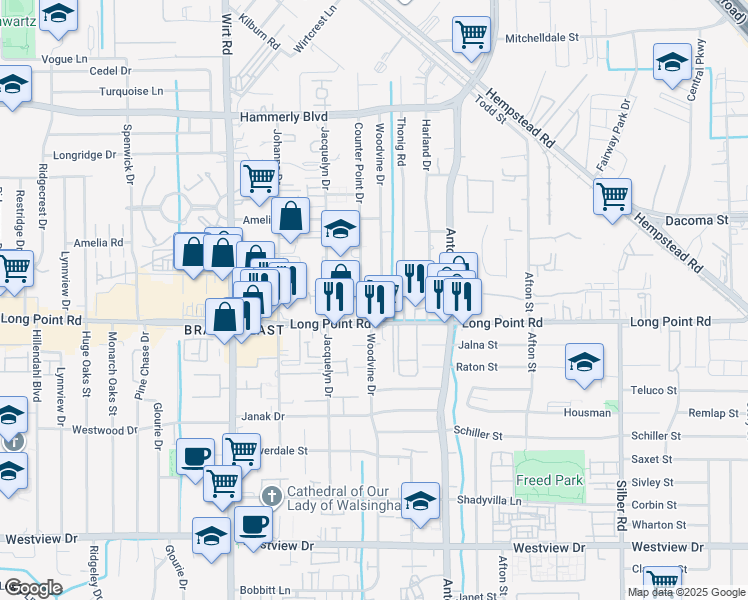map of restaurants, bars, coffee shops, grocery stores, and more near 7550 Long Point Road in Houston