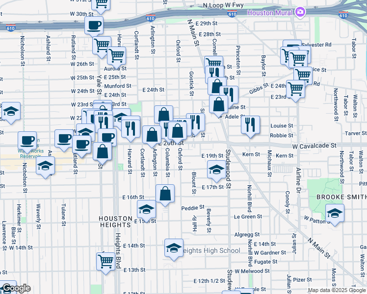 map of restaurants, bars, coffee shops, grocery stores, and more near 1915 Oxford Street in Houston