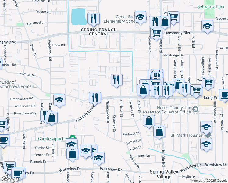 map of restaurants, bars, coffee shops, grocery stores, and more near 8810 Long Point Road in Houston