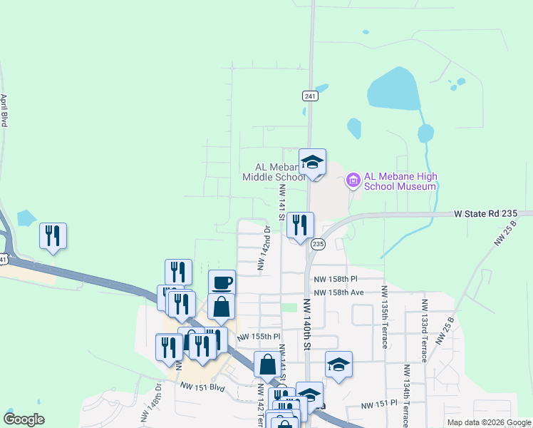 map of restaurants, bars, coffee shops, grocery stores, and more near 14271 Northwest 162nd Place in Alachua