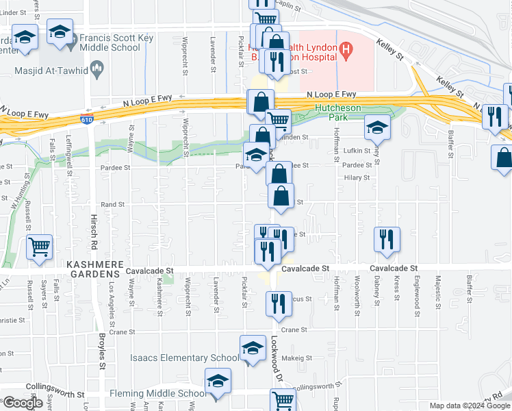 map of restaurants, bars, coffee shops, grocery stores, and more near 5210 Rand Street in Houston