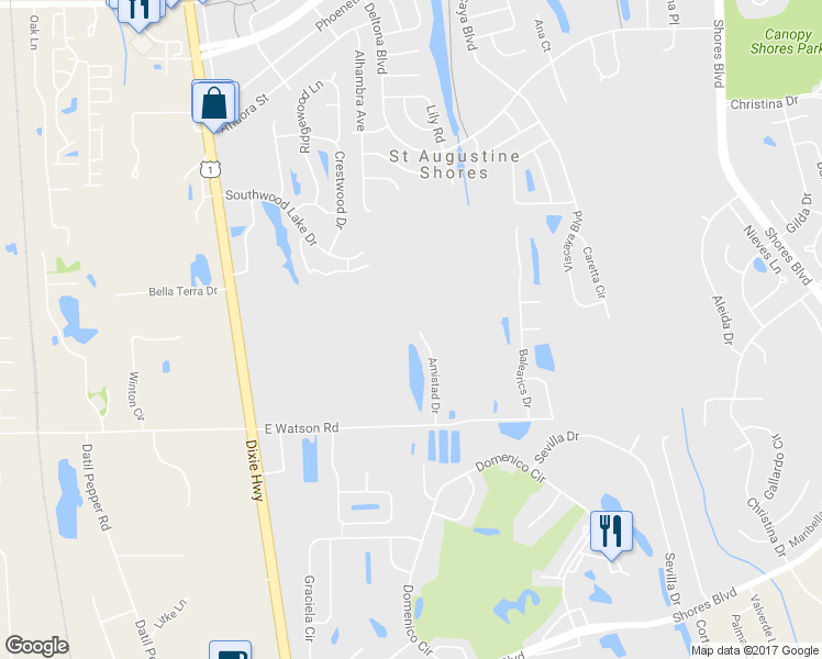 map of restaurants, bars, coffee shops, grocery stores, and more near 202 Amistad Drive in St. Augustine
