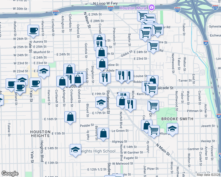 map of restaurants, bars, coffee shops, grocery stores, and more near in Houston