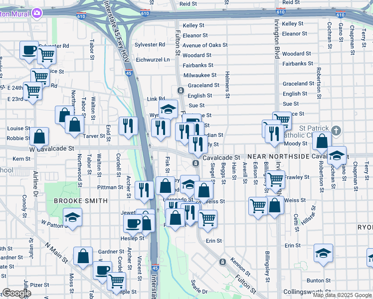 map of restaurants, bars, coffee shops, grocery stores, and more near 227 Cavalcade Street in Houston