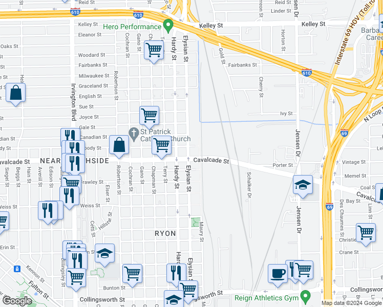 map of restaurants, bars, coffee shops, grocery stores, and more near 1715 Cavalcade Street in Houston