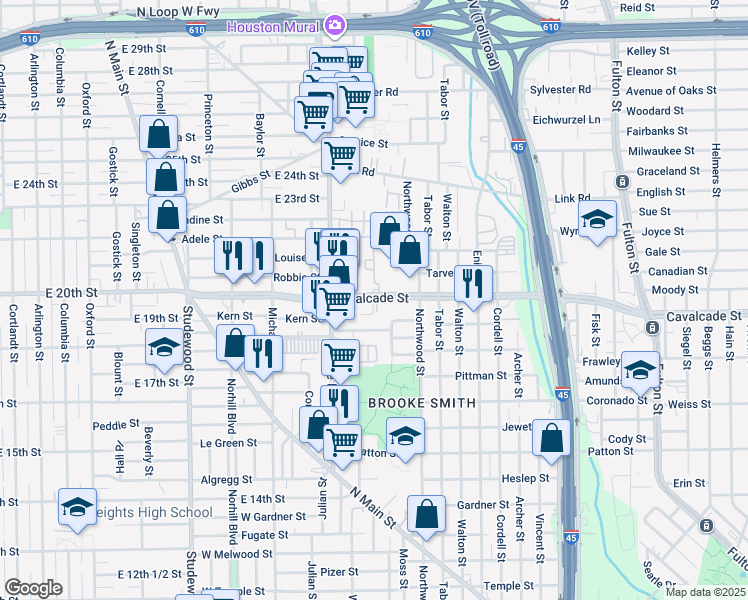 map of restaurants, bars, coffee shops, grocery stores, and more near 735 West Cavalcade Street in Houston