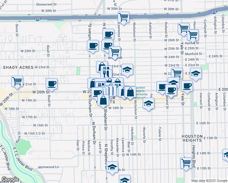 map of restaurants, bars, coffee shops, grocery stores, and more near 624 West 20th Street in Houston