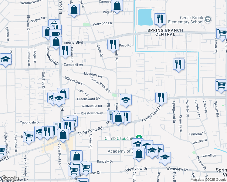map of restaurants, bars, coffee shops, grocery stores, and more near 1801 Campbell Road in Houston