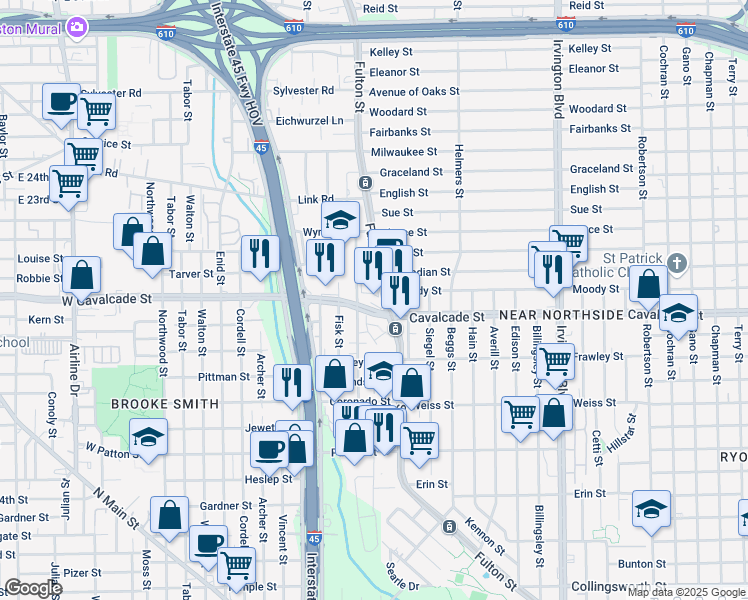 map of restaurants, bars, coffee shops, grocery stores, and more near 227 Cavalcade Street in Houston