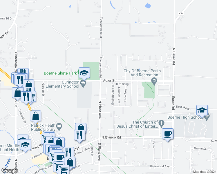 map of restaurants, bars, coffee shops, grocery stores, and more near 137 Oak Grove Drive in Boerne