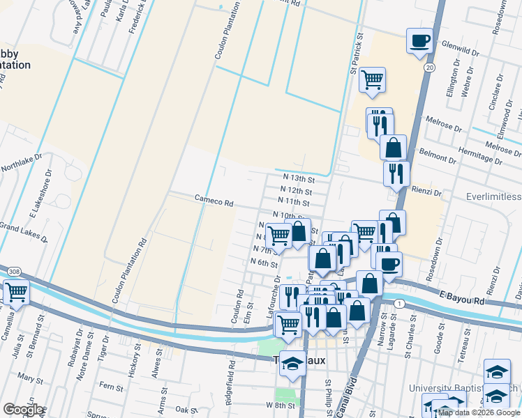 map of restaurants, bars, coffee shops, grocery stores, and more near 1041 N 10th St in Thibodaux