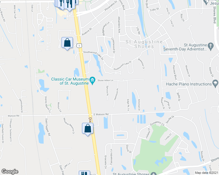 map of restaurants, bars, coffee shops, grocery stores, and more near 197 Spruce pt in St. Augustine
