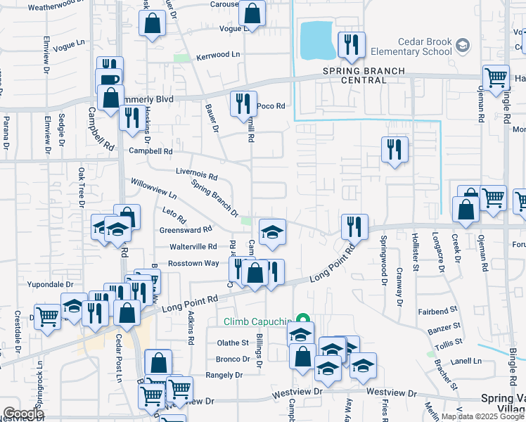 map of restaurants, bars, coffee shops, grocery stores, and more near 56/70 Spring Branch Drive in Houston