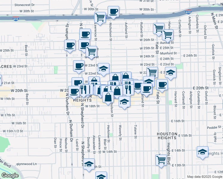 map of restaurants, bars, coffee shops, grocery stores, and more near in Houston