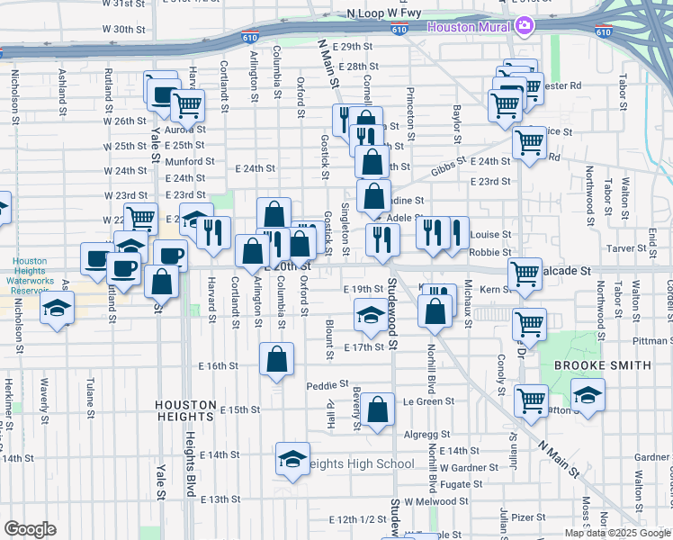 map of restaurants, bars, coffee shops, grocery stores, and more near 1905 Bradshaw Street in Houston