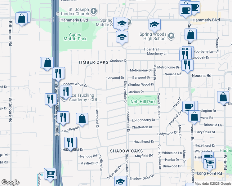 map of restaurants, bars, coffee shops, grocery stores, and more near 10514 Raritan Drive in Houston