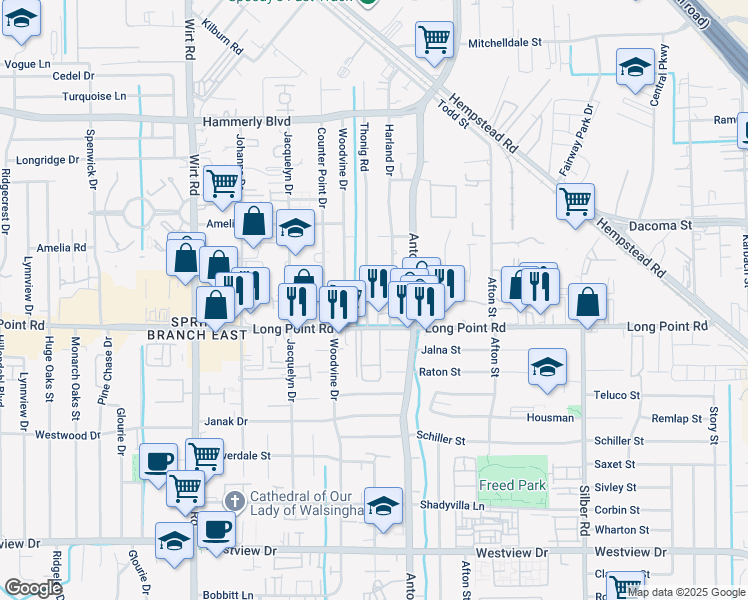 map of restaurants, bars, coffee shops, grocery stores, and more near 7410 Long Point Road in Houston