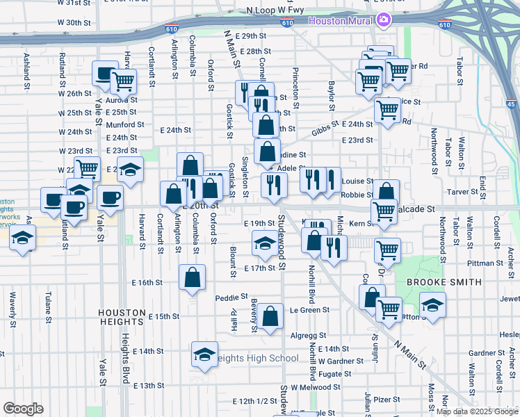 map of restaurants, bars, coffee shops, grocery stores, and more near 717 East 19th Street in Houston