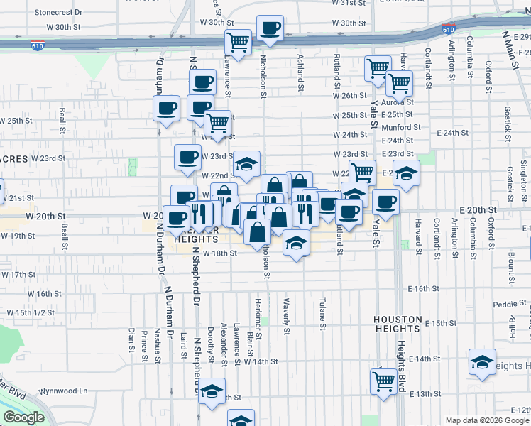 map of restaurants, bars, coffee shops, grocery stores, and more near in Houston