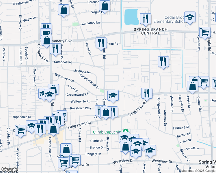 map of restaurants, bars, coffee shops, grocery stores, and more near 56/70 Spring Branch Drive in Houston
