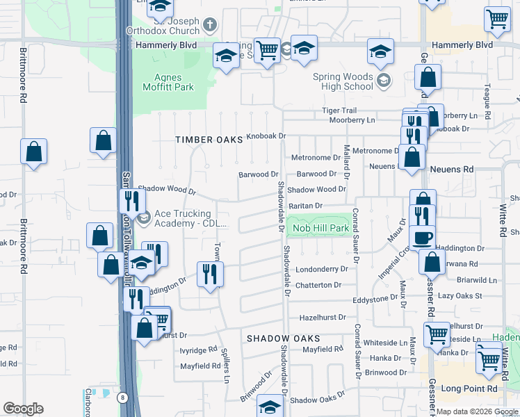 map of restaurants, bars, coffee shops, grocery stores, and more near 10514 Raritan Drive in Houston