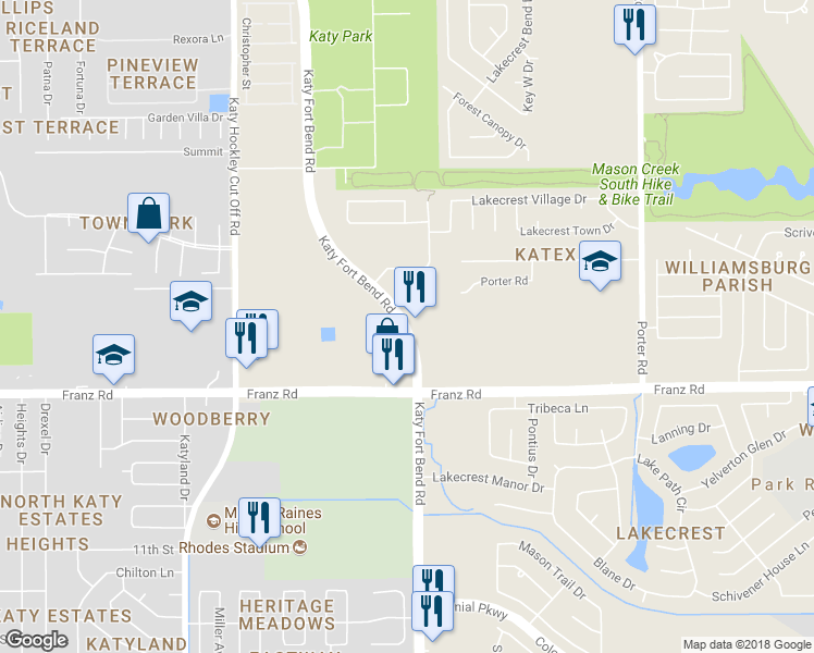 map of restaurants, bars, coffee shops, grocery stores, and more near 2153 Katy Fort Bend Road in Katy