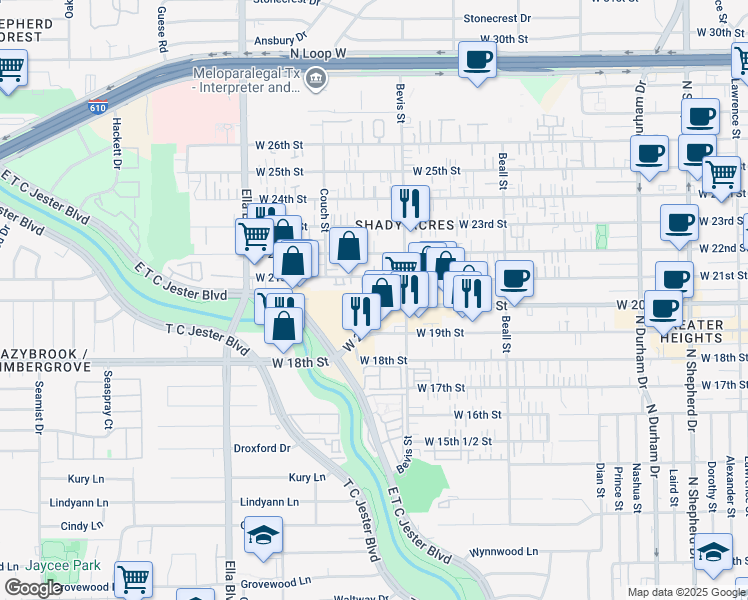 map of restaurants, bars, coffee shops, grocery stores, and more near 1400 West 20th Street in Houston