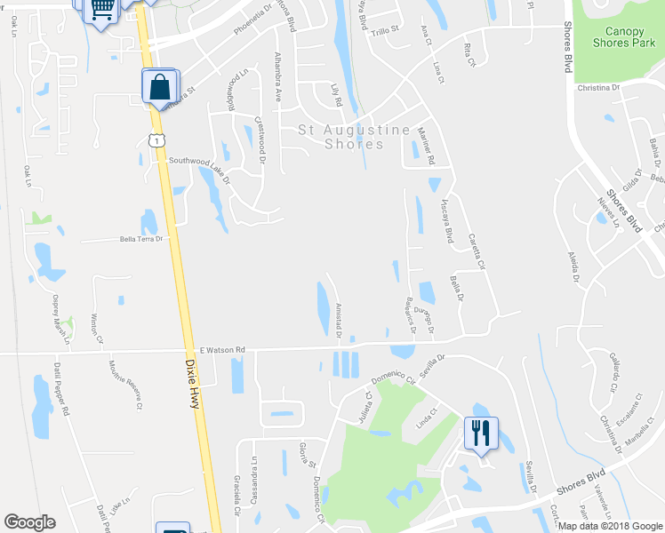 map of restaurants, bars, coffee shops, grocery stores, and more near 228 Amistad Drive in St. Augustine