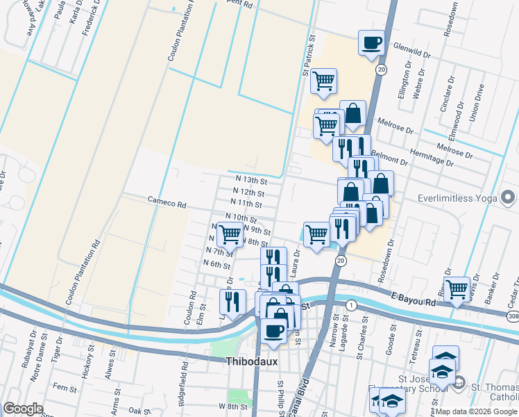 map of restaurants, bars, coffee shops, grocery stores, and more near 101-199 North 10th Street in Thibodaux
